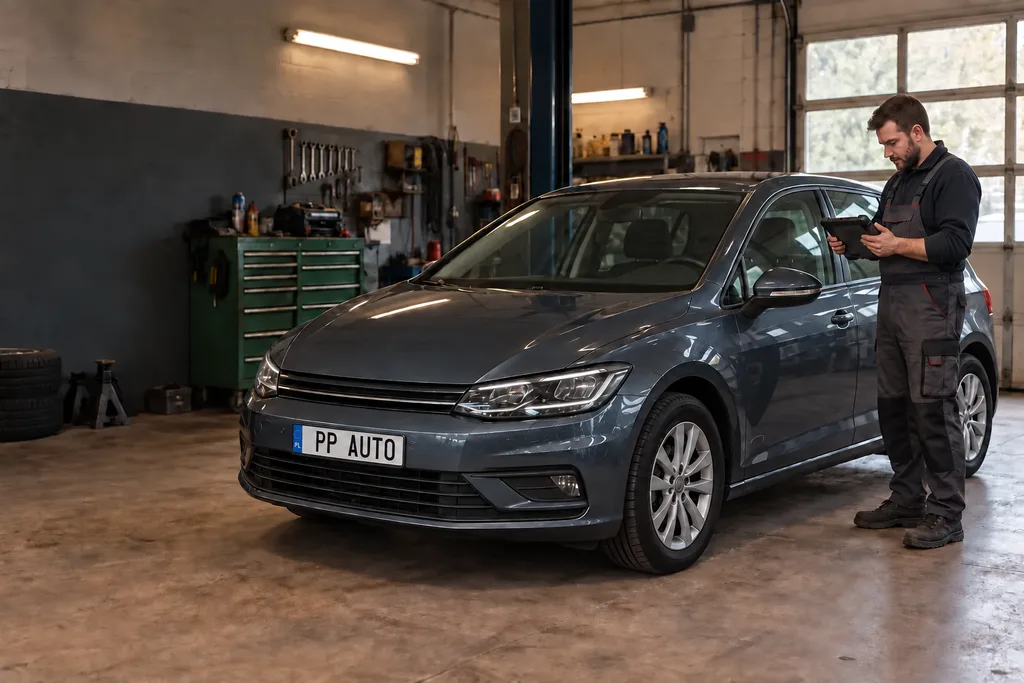 Mechanik diagnozujący nowsze auto testerem komputerowym w warsztacie