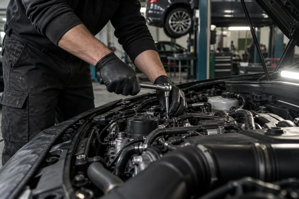 Dłonie mechanika pracującego kluczem przy silniku samochodu